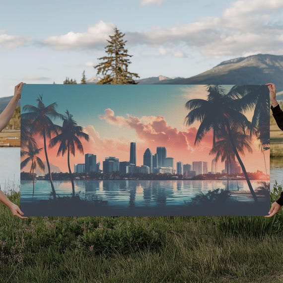 Miami Skyline At Sunrise Framed Print Vaporwave Aesthetic Wall Art Framed Art 1980s Art Retro Decor
