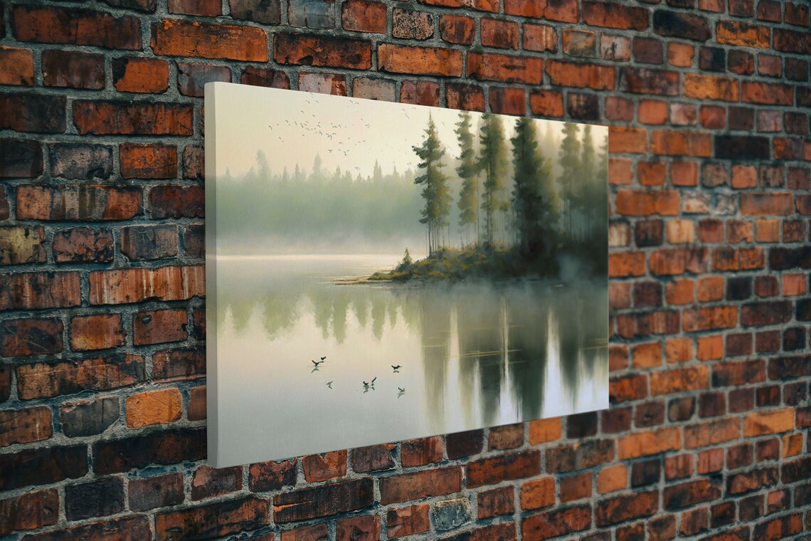 Misty Morning Lake Pine Trees Foggy Water Reflections Birds Art Poster - Image 5