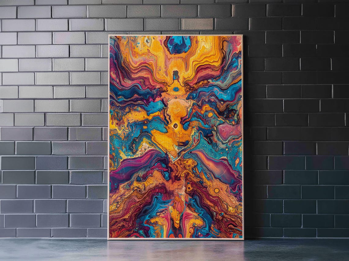 Vibrant Fluid Acrylic Pour Blue Orange Abstract Modern Art Print - Image 6