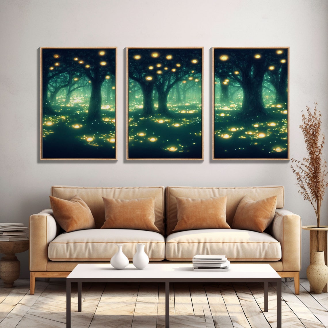 Firefly Forest At Night With Glowing Lights Three Piece Magical Print