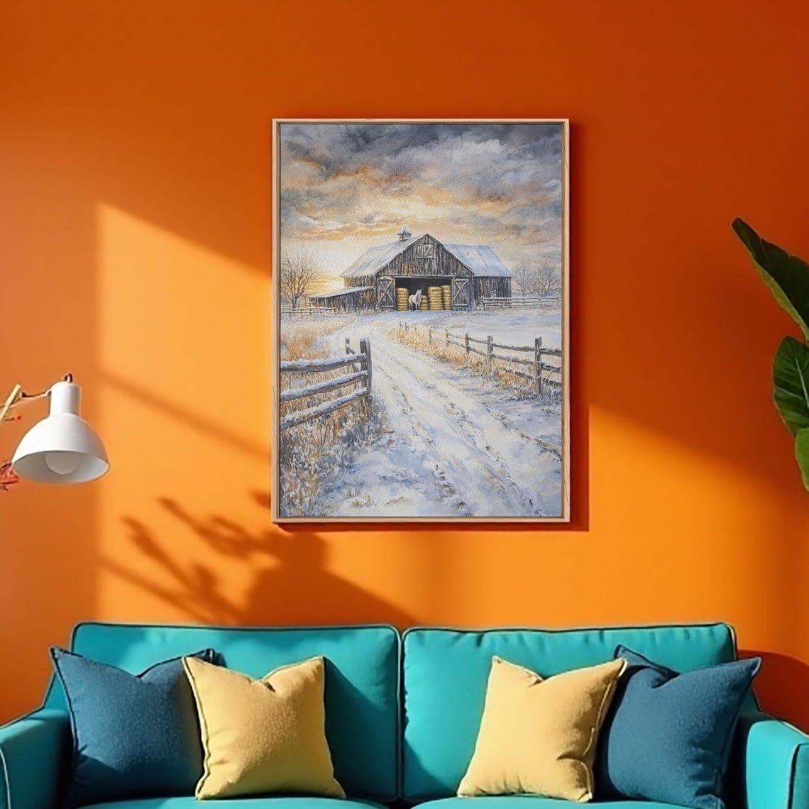 Winter Barn Snow Horse Split Rail Fence Moody Sky Watercolor Wall Art - Image 5