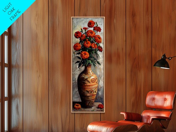 Orange Marigolds In Vase Painted On Textured Tall And Narrow Framed Art Botanical Art Print For Kitchen Gallery Art Moody Art