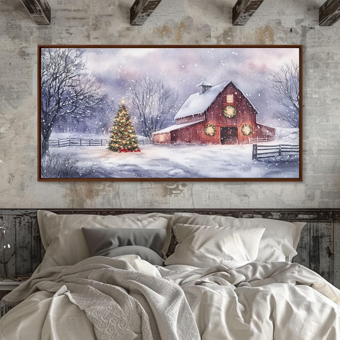 Red Barn Christmas Tree Falling Snow Glowing Holiday Farm Art Print - Image 2