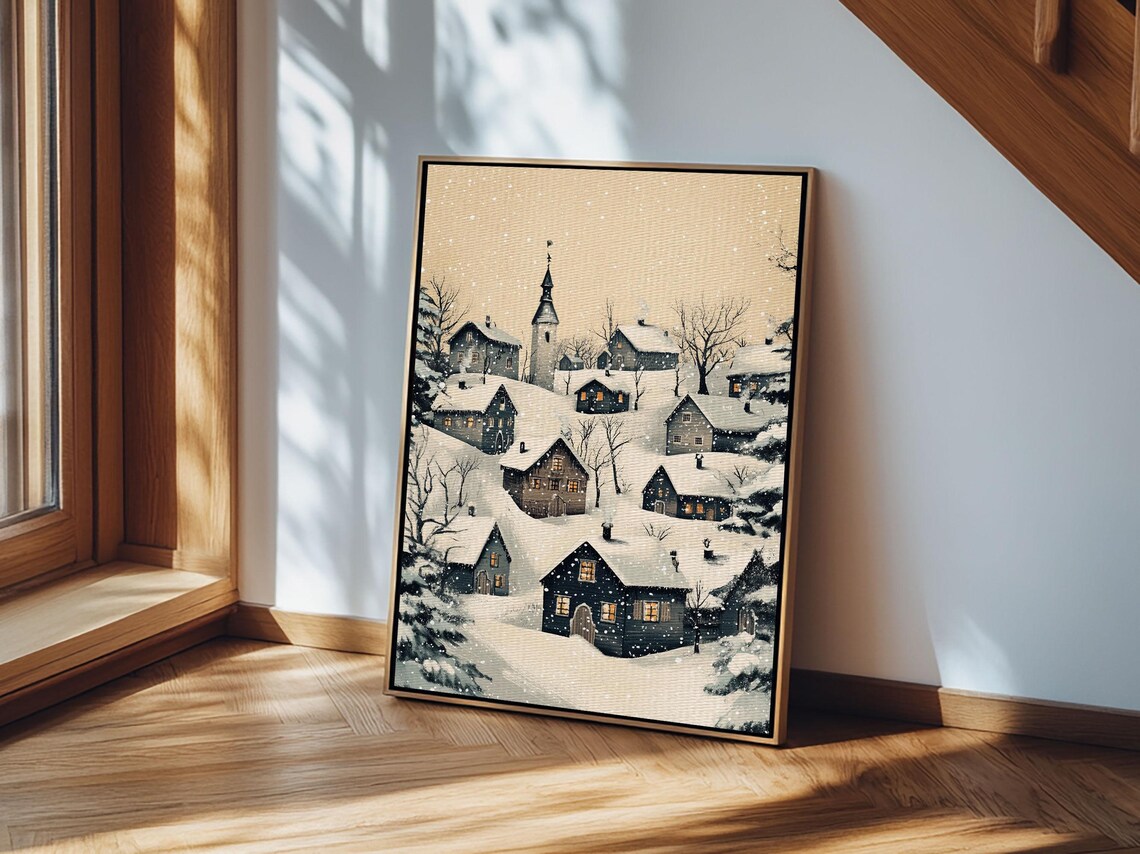 Snowy Winter Village With Church Minimalist Night Landscape Art Print