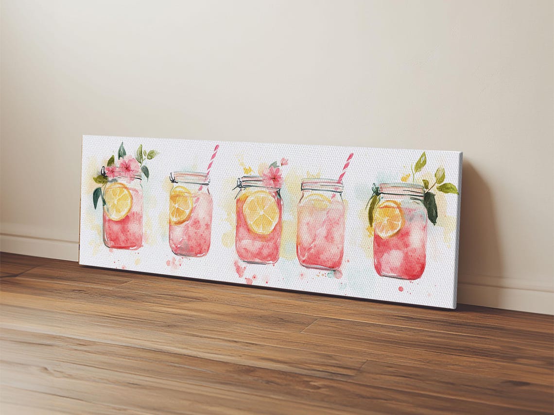 Pink Lemonade Mason Jars Row Watercolor Kitchen Panoramic Art Poster