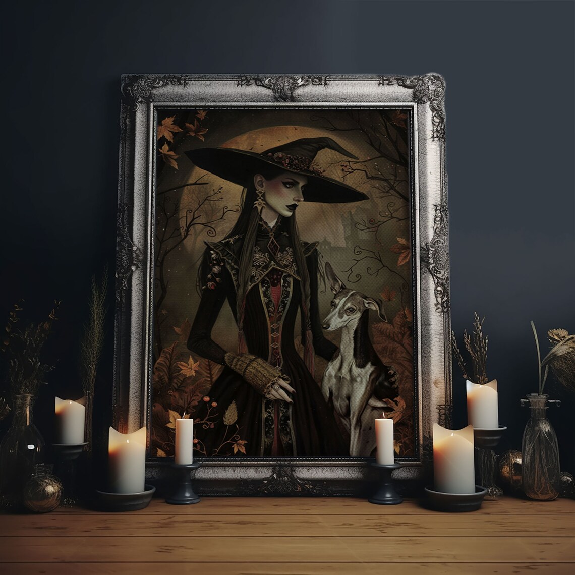Gothic Witch With Elegant Dog, Halloween Art Print