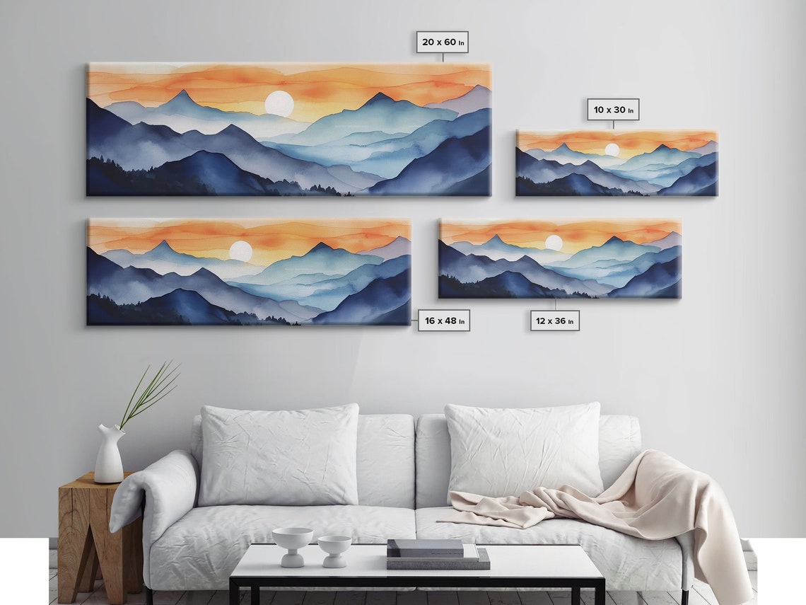 Blue Mountain Ranges Sunset Watercolor Layered Panoramic Poster - Image 2
