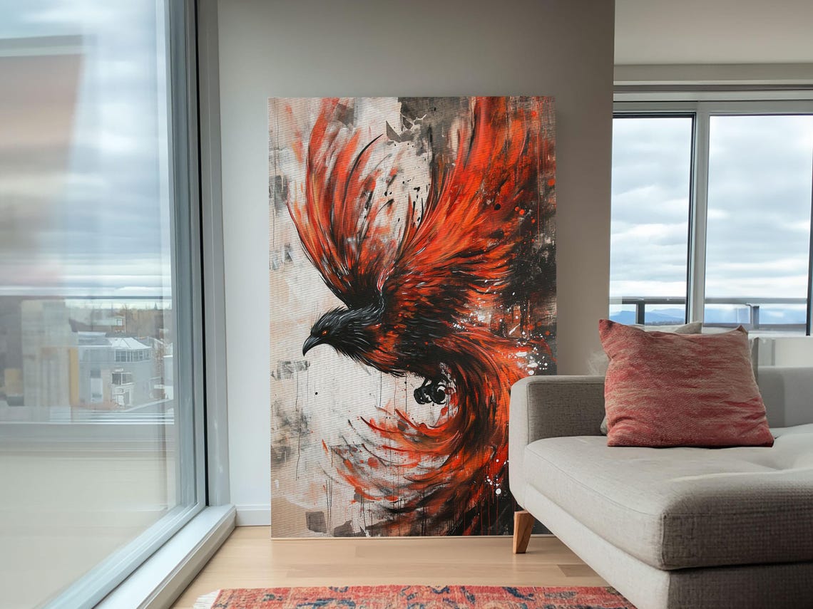 Rising Phoenix Flaming Wings Dramatic Red Black Bird Art Print - Image 2