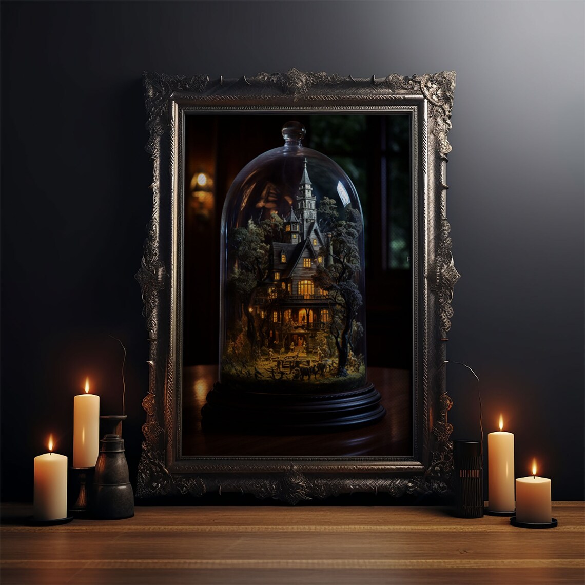 Halloween Snowglobe Art Print, Haunted Victorian Mansion - Image 3