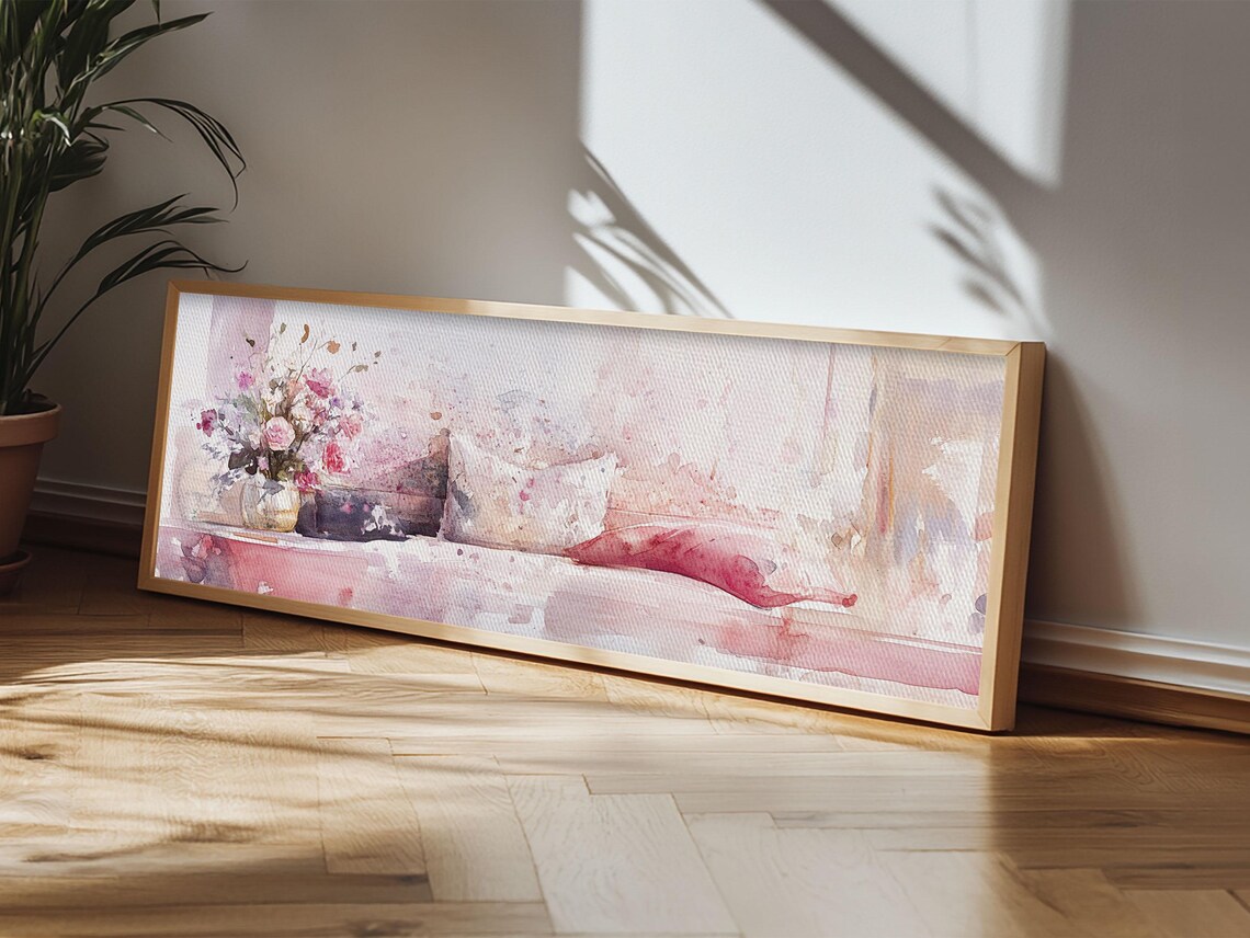 Pink Watercolor Sofa Floral Cushions Vase Horizontal Wall Art Poster - Image 5