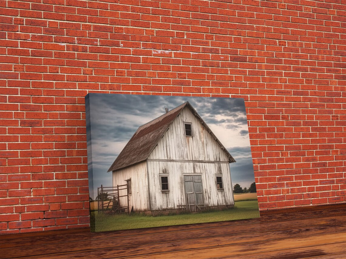 Rustic Farmhouse White Barn Landscape Art Print - Image 4