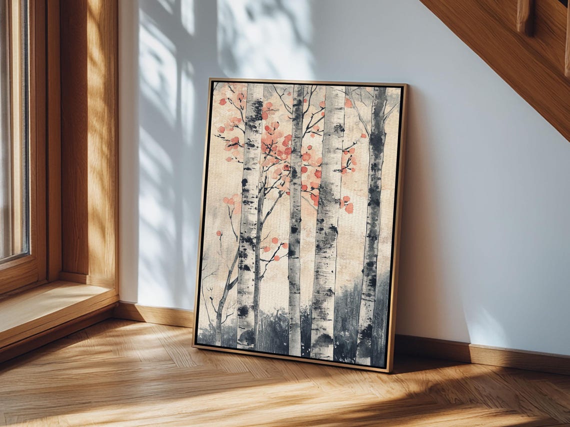 Watercolor Birch Trees With Red Blossoms Autumn Forest Poster - Image 3