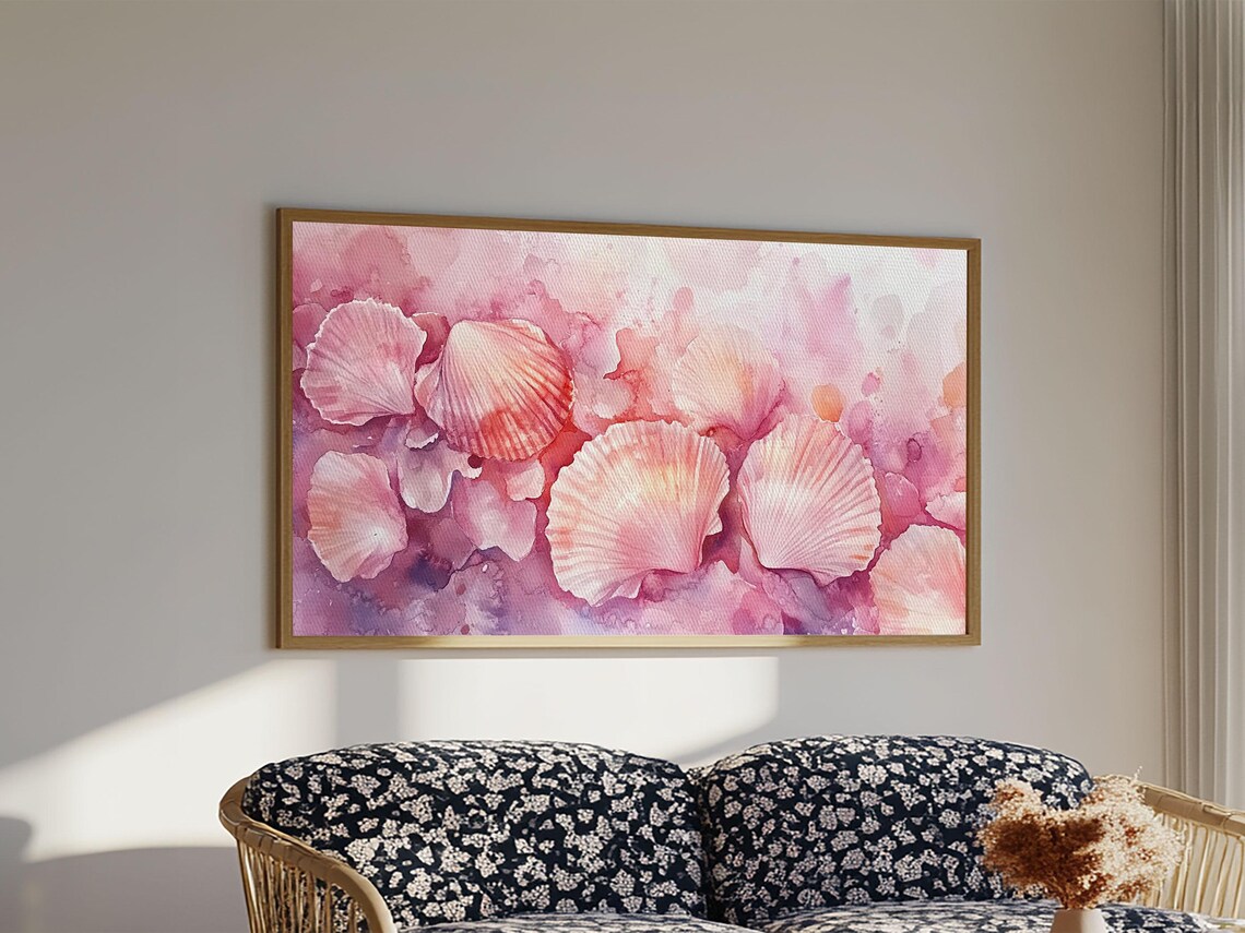 Pink Scallop Shells Wide Horizontal Coastal Watercolor Seashell Art Poster - Image 2