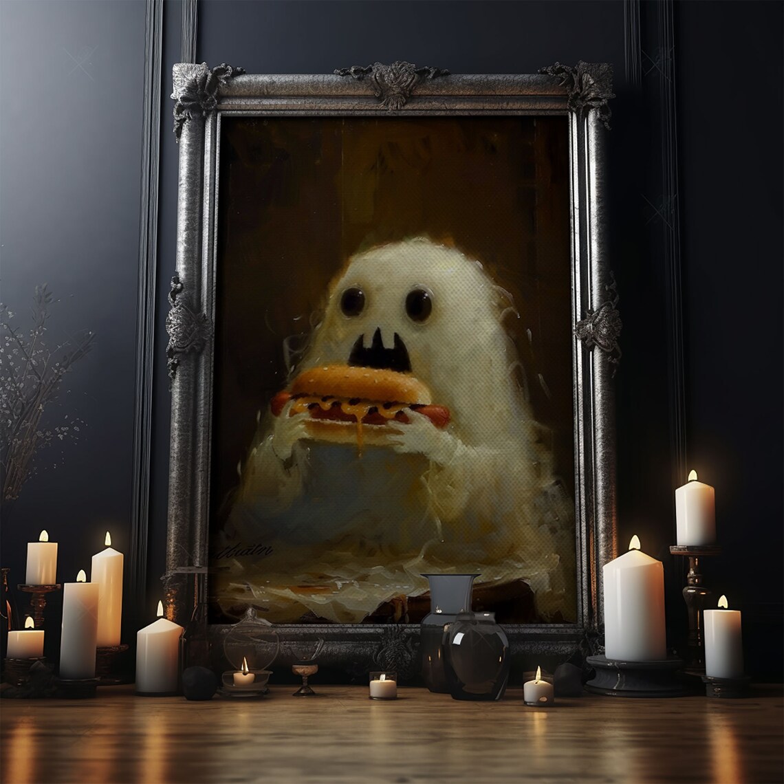 Cute Ghost Chomping Hot Dog, Funny Halloween Art Print - Image 5