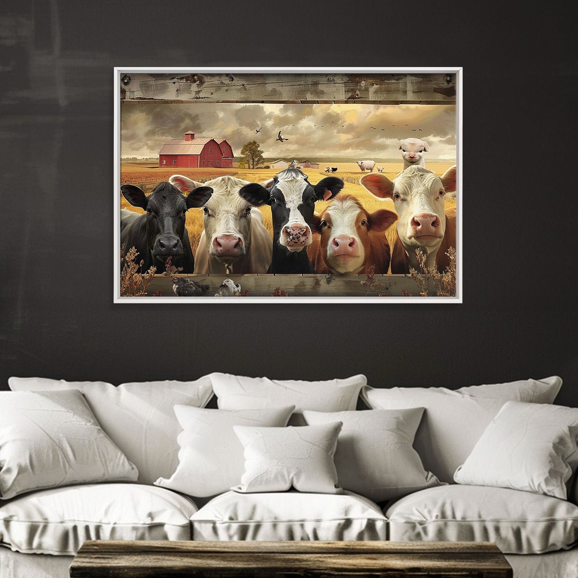 Funny Cows Over Fence Red Barn Cute Farm Animals Whimsical Art Poster - Image 3