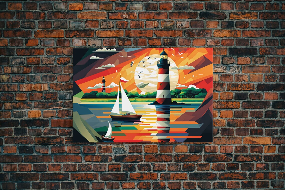 Colorful Sailboat Lighthouse Sunset Geometric Pop Nautical Art Poster