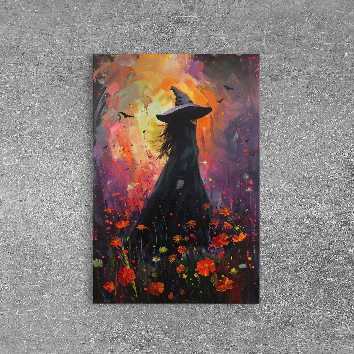 Witch Silhouette Sunset Wildflower Meadow Painterly Moody Art Poster