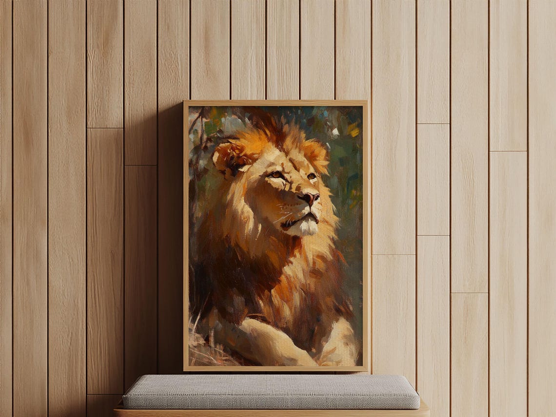 Regal Lion Portrait Oil Painting Warm Golden Wildlife Art Print - Image 3