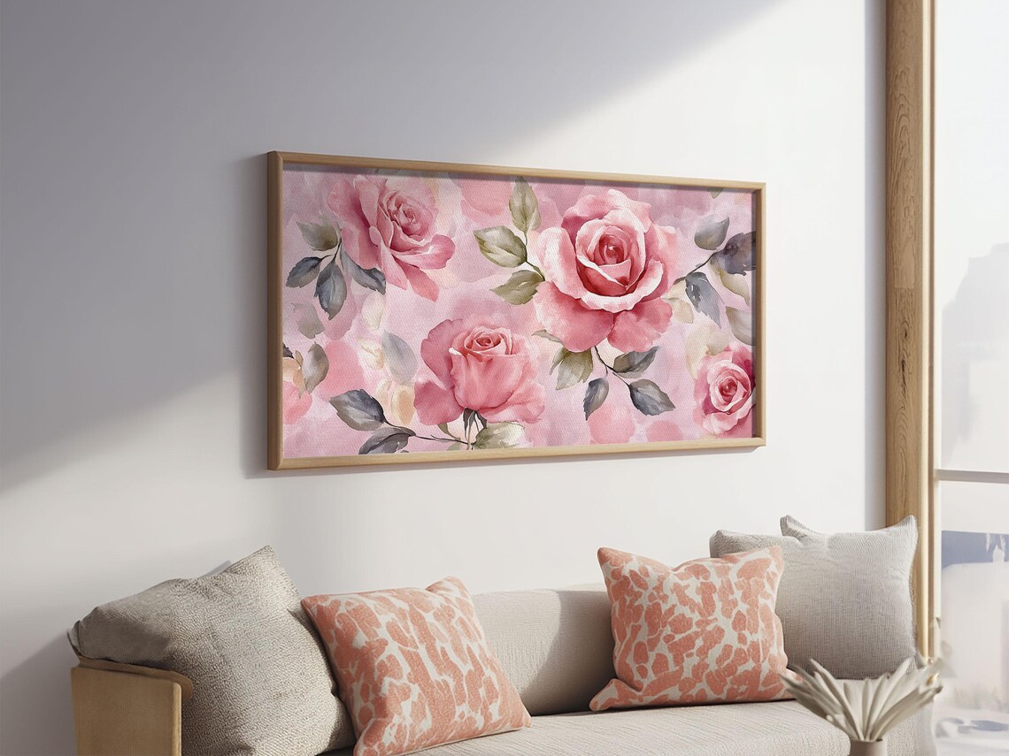 Soft Pink Roses Grey Green Leaves Watercolor Floral Wall Poster - Image 3