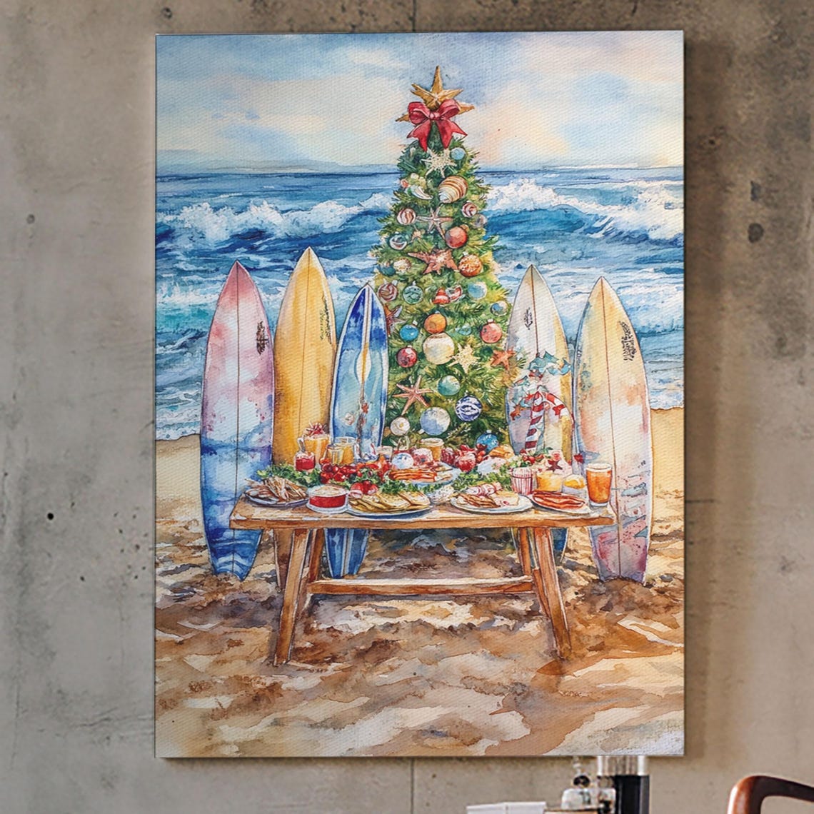Beach Christmas Tree With Surfboards Holiday Feast Scene Poster - Image 2