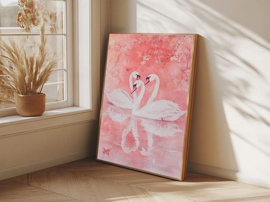Three White Swans Cherry Blossom Pink Watercolor Romantic Art Print - Image 3