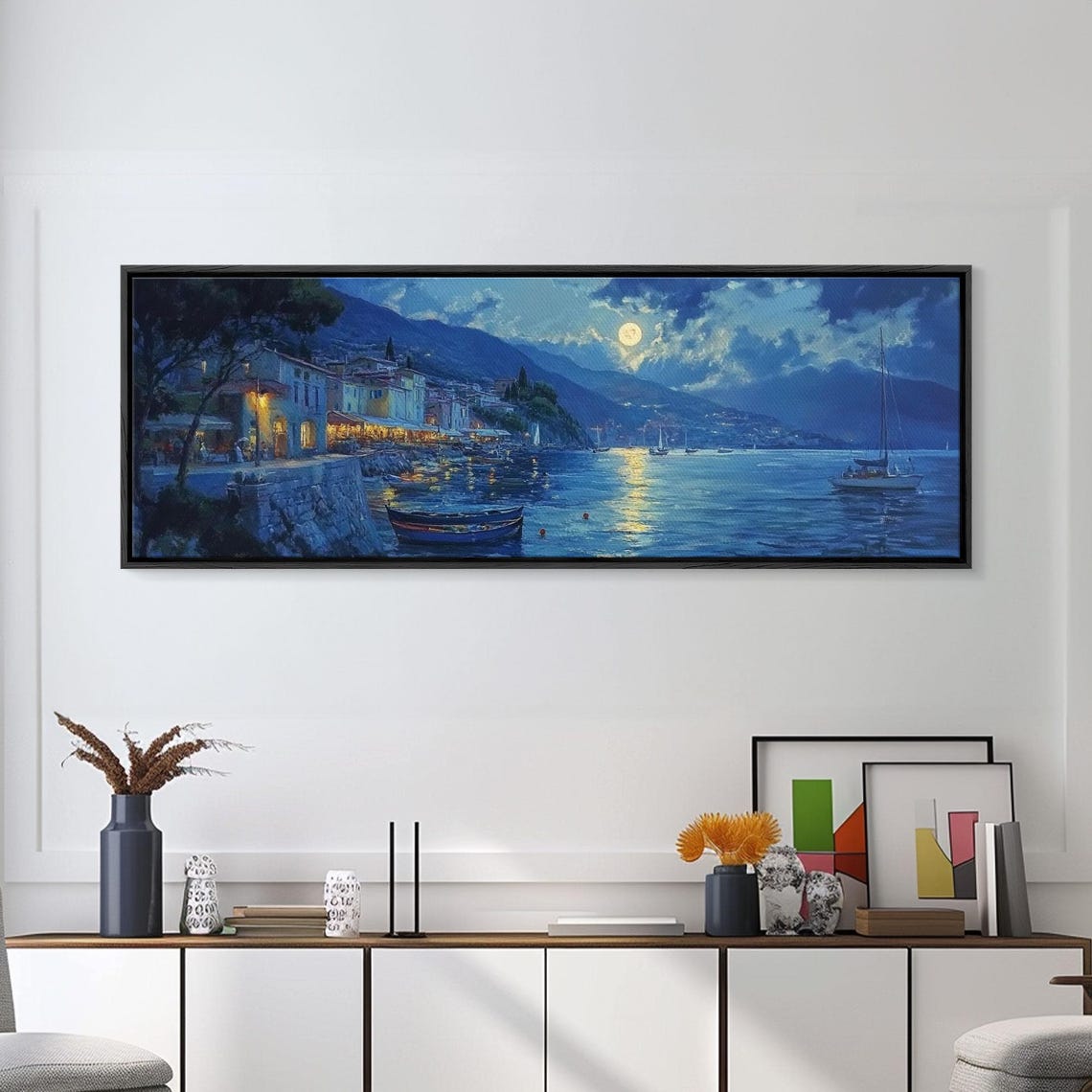 Fishing Village At Midnight Under Full Moon Harbor Night Poster - Image 2