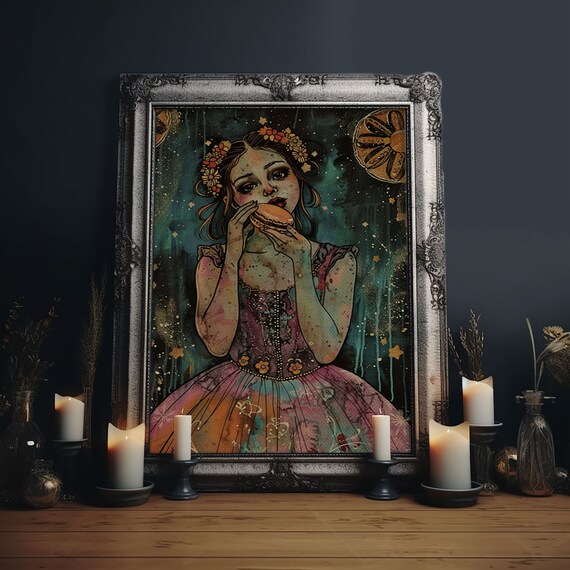 Girl Eating Macaron Flower Crown Vintage Spooky Sweet Art Poster