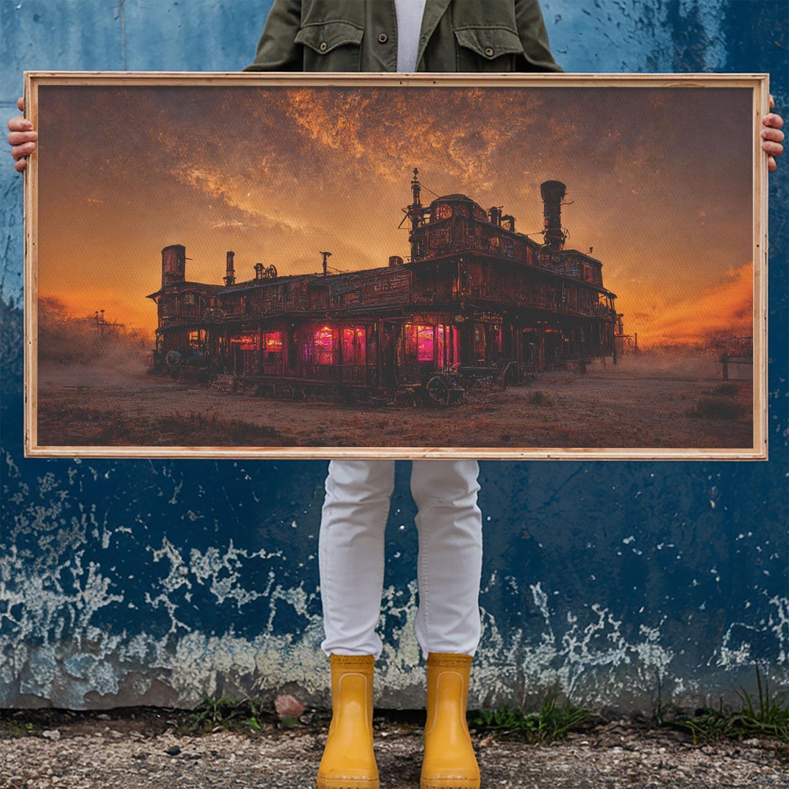 Steampunk Wild West Building Glowing Red Windows Desert Sunset Poster - Image 6