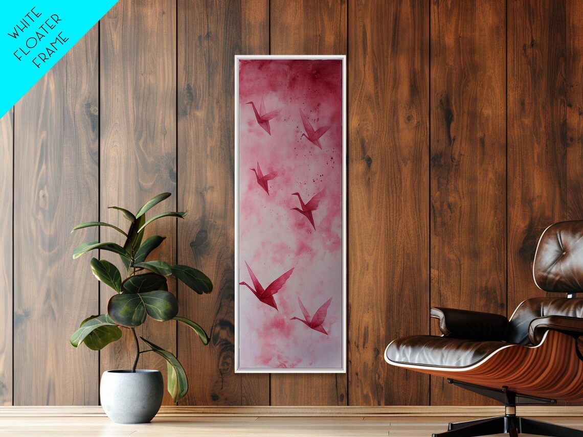 Pink Origami Cranes Flying Watercolor Minimalist Zen Art Poster - Image 2