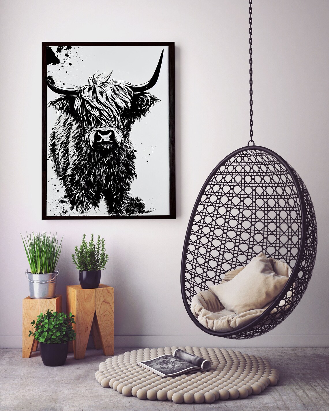 Highland Cow Sketch Ink Portrait Black White Shaggy Farm Poster - Image 5