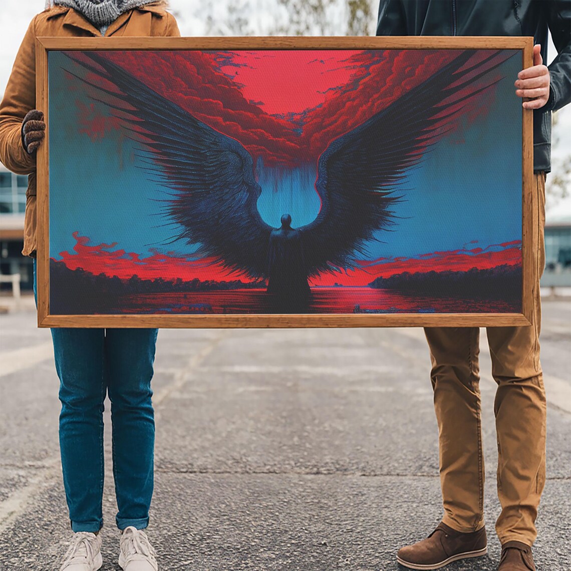 Dark Angel Huge Black Wings Spread Red Stormy Sky Silhouette Wall Poster - Image 3
