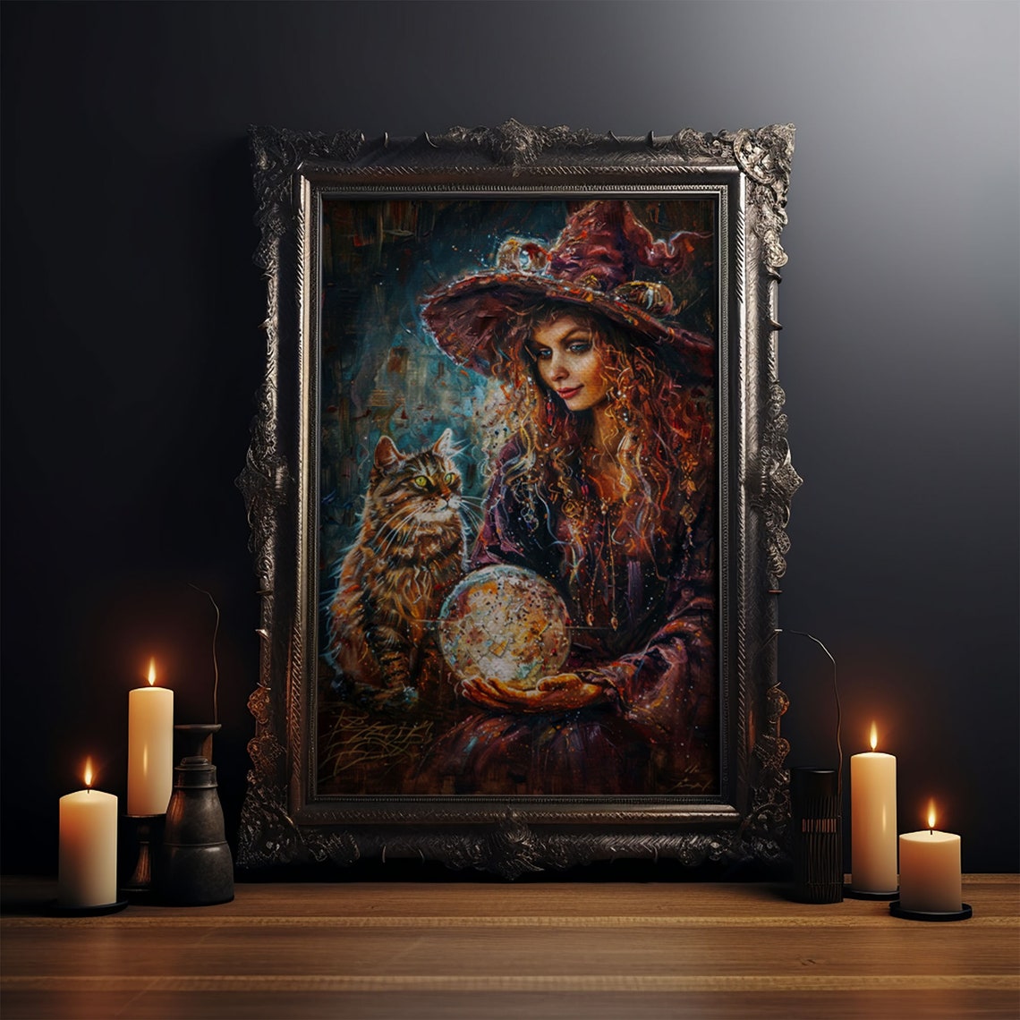 Enchanting Witch With Crystal Ball And Tabby Cat Mystical Art Poster - Image 4
