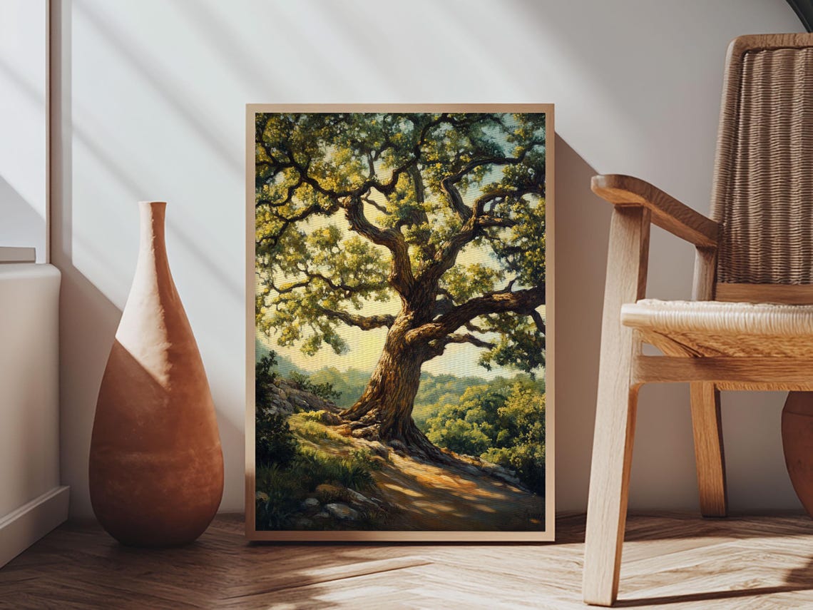 Majestic Oak Tree Sunlit Hillside Rustic Landscape Oil Painting Poster - Image 6