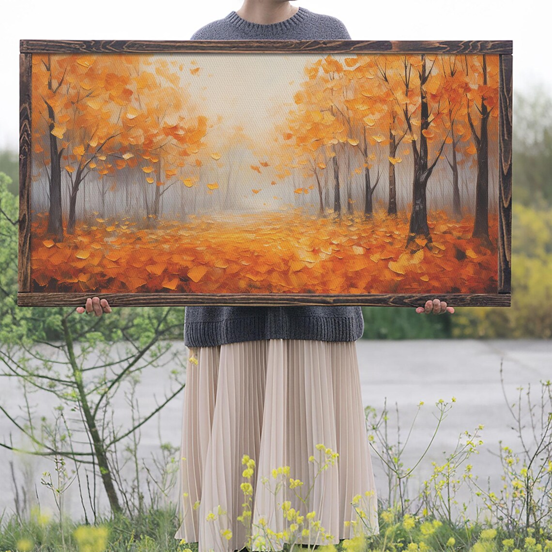 Golden Autumn Forest Falling Leaves Palette Knife Oil Painting Poster - Image 2