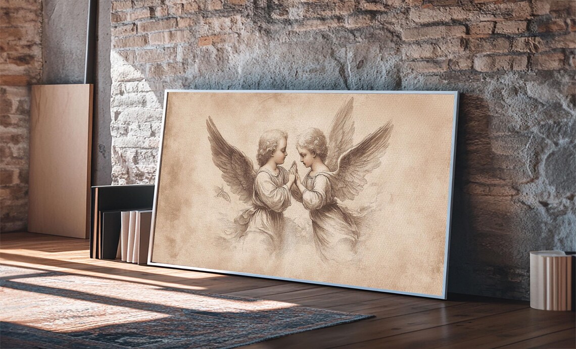 Guardian Angel Sketch Print Two Cherubs Praying Together Sepia Wall Art - Image 3