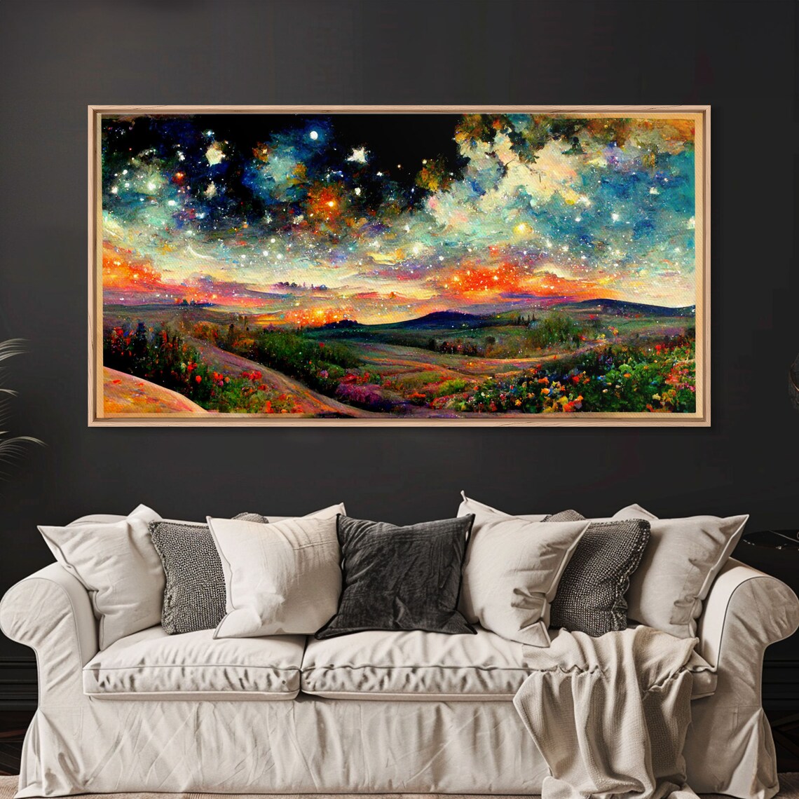 Colorful Night Sky Landscape, Living Room Art Print