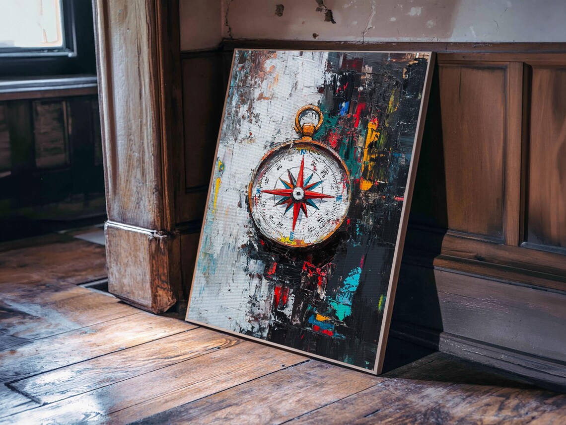 Vintage Brass Compass Abstract Painted Background Nautical Travel Wall Art - Image 3