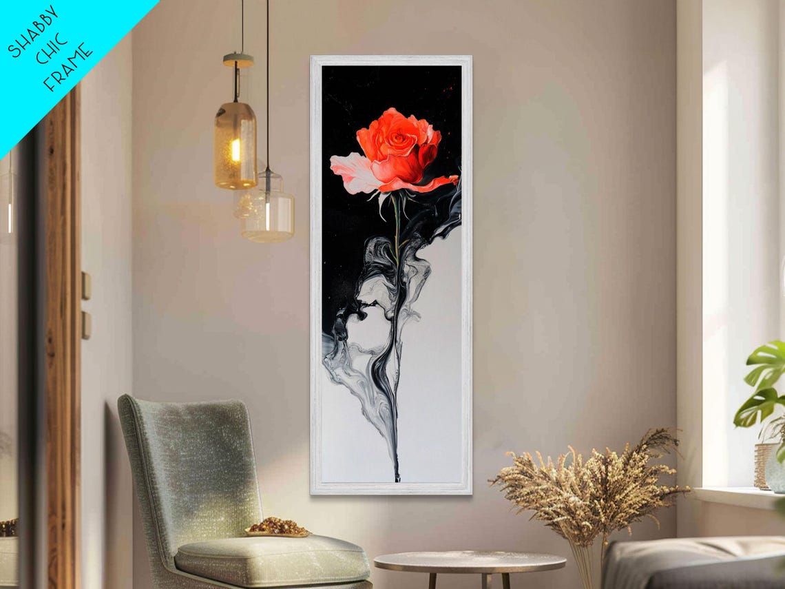 Dramatic Coral Rose Black White Smoke Swirl Modern Floral Poster - Image 2