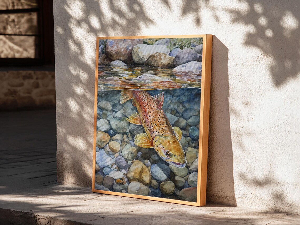 Brown Trout Swimming Art Print, Rustic Cabin Decor - Image 3