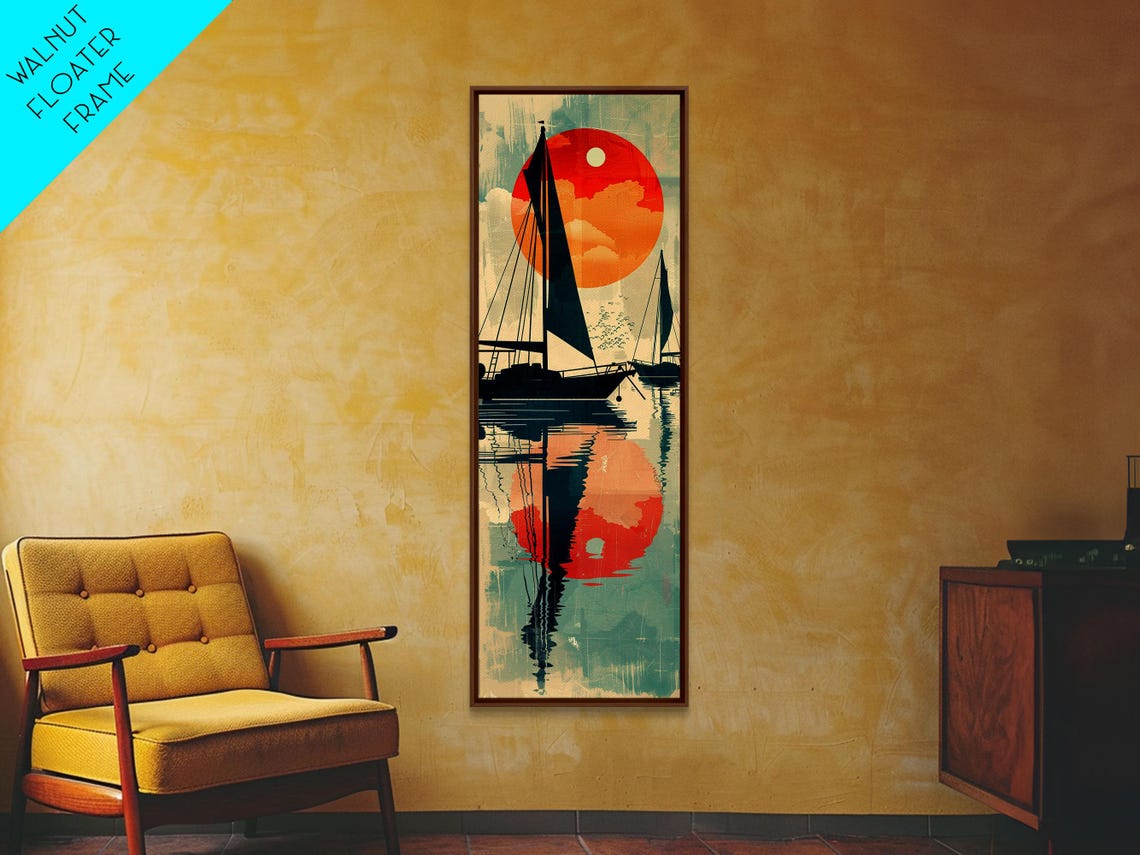 Japanese Sailboat Sunset Reflection Red Sun Calm Waters Poster - Image 2