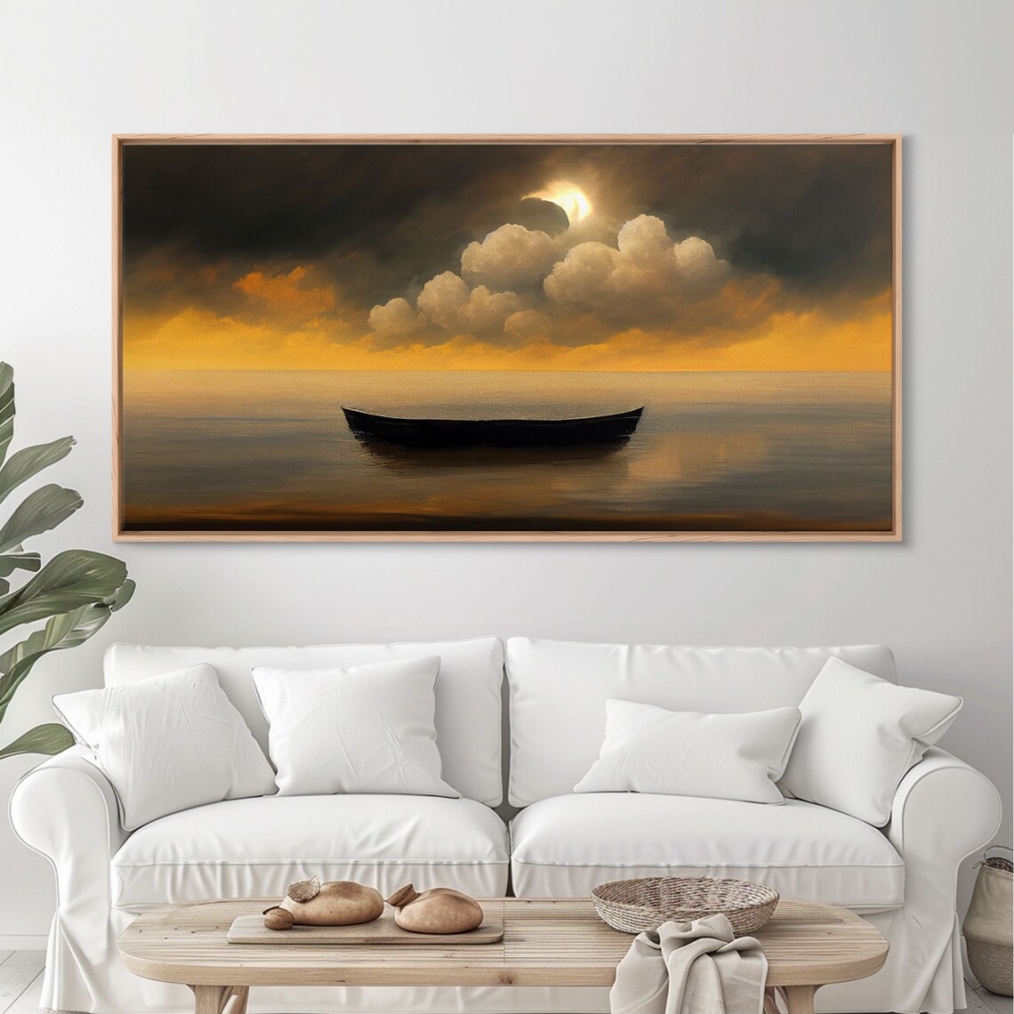 Row Boat On A Lake, Sunset Watercolor Landscape