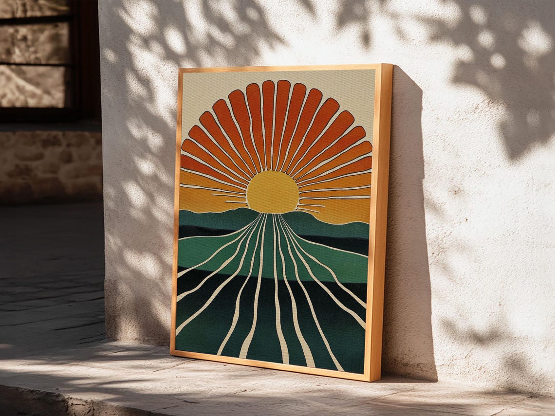 Retro Sunrise Sunburst Over Green Hills Art Deco Style Poster - Image 3