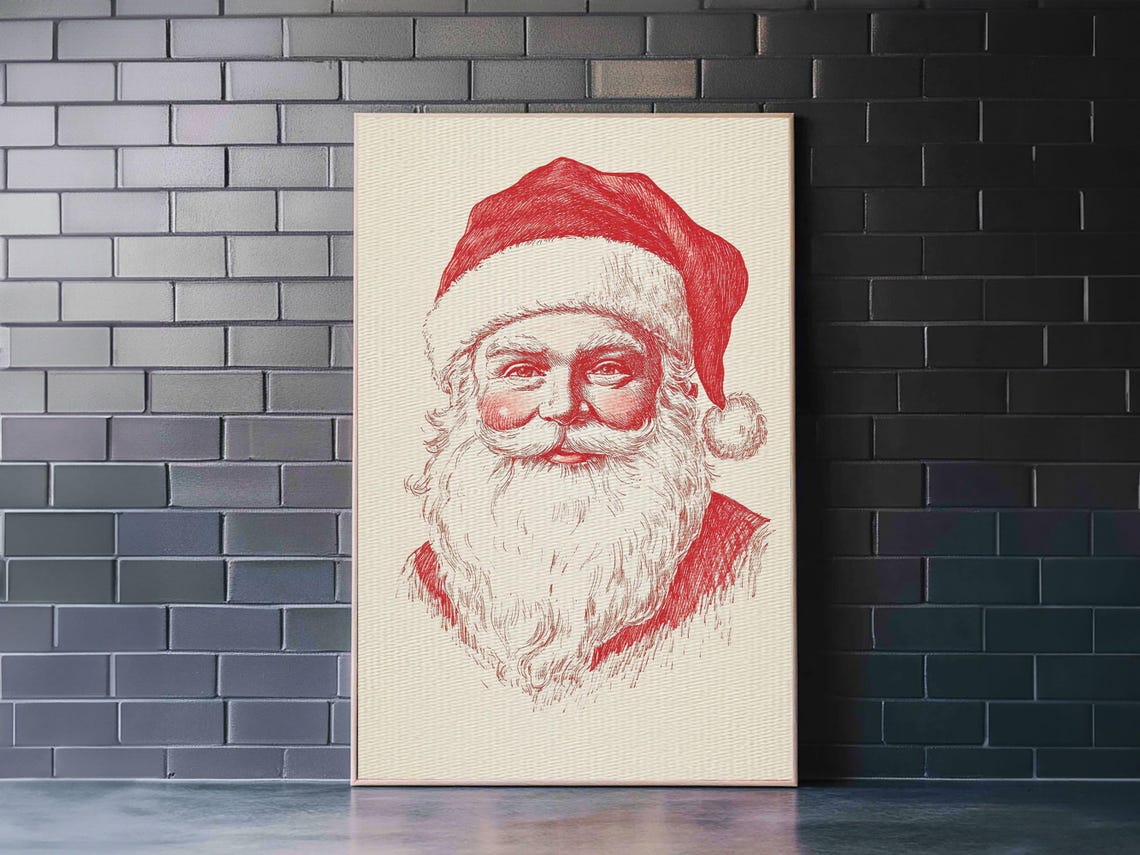 Retro Santa Claus Portrait Red Line Art Christmas Holiday Wall Poster - Image 4