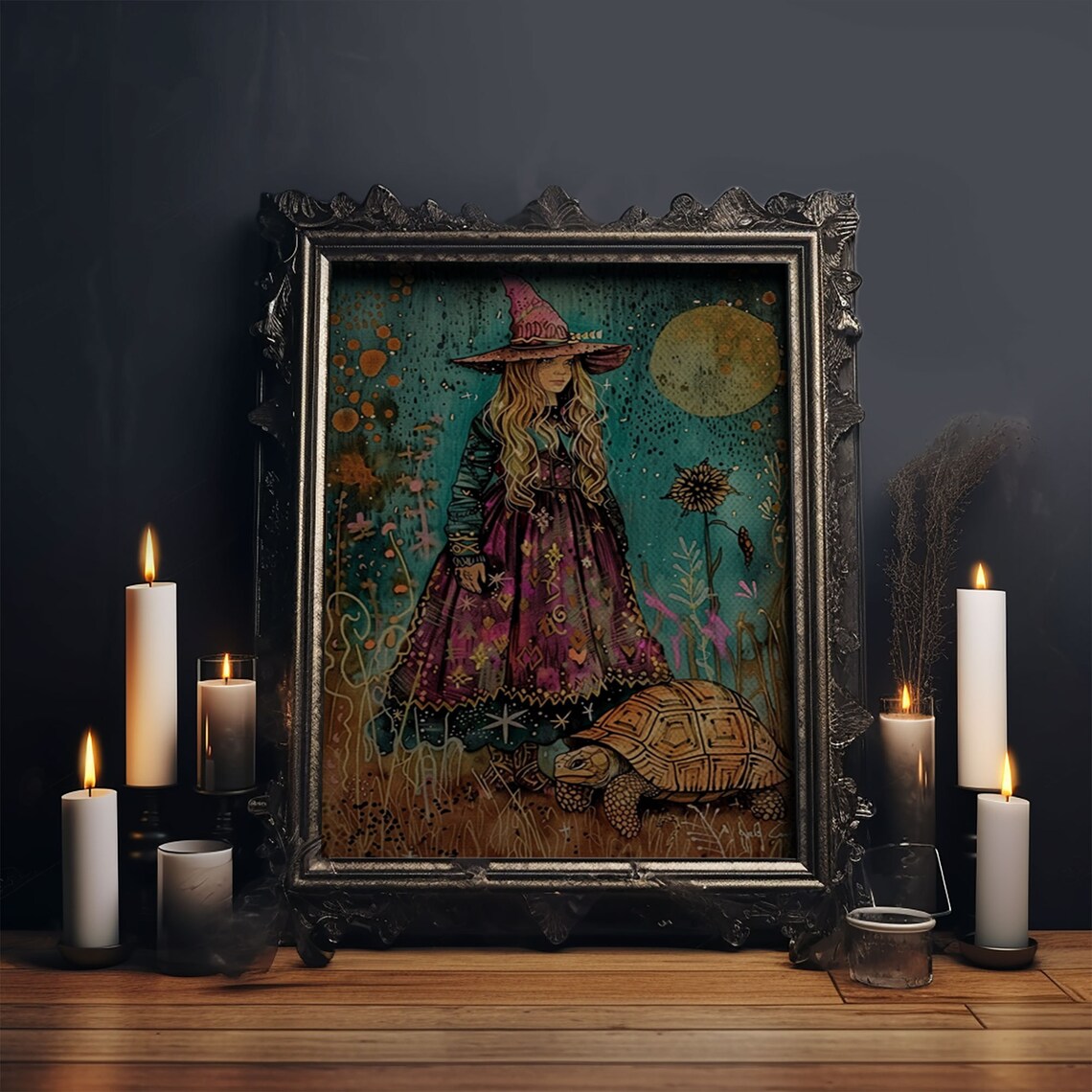 Little Witch Pink Hat Tortoise Moonlit Garden Watercolor Art Poster - Image 6