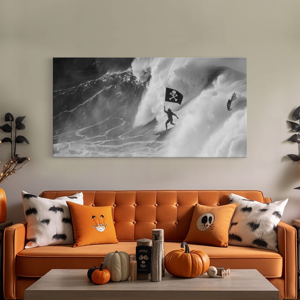 Surfer Waving Skull Flag Riding Huge Wave Black White Photo Print - Image 5