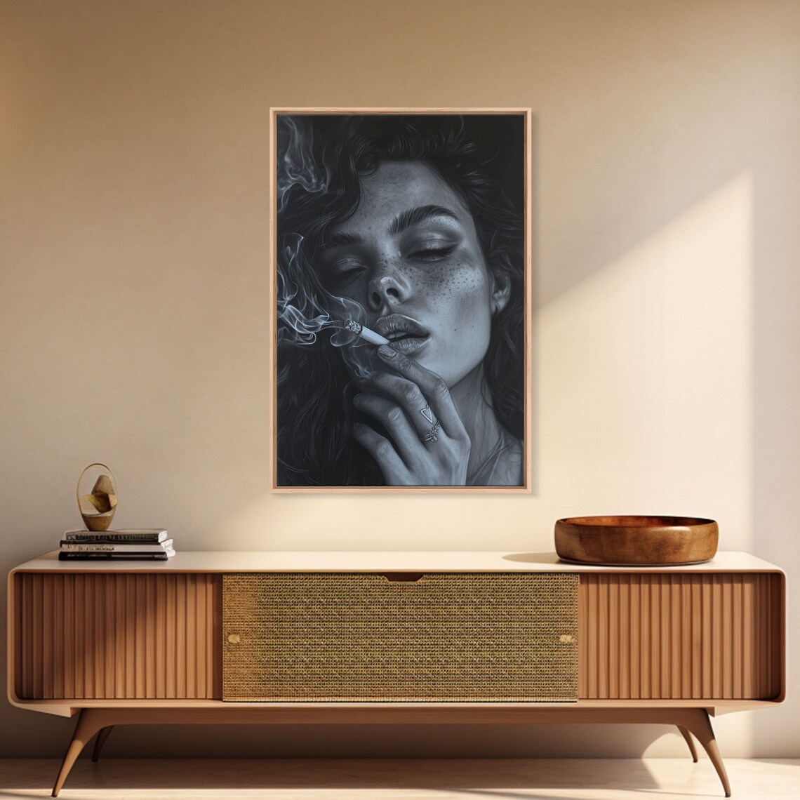 Noir Black and White Smoking Woman Charcoal Sketch Moody Portrait Print - Image 3