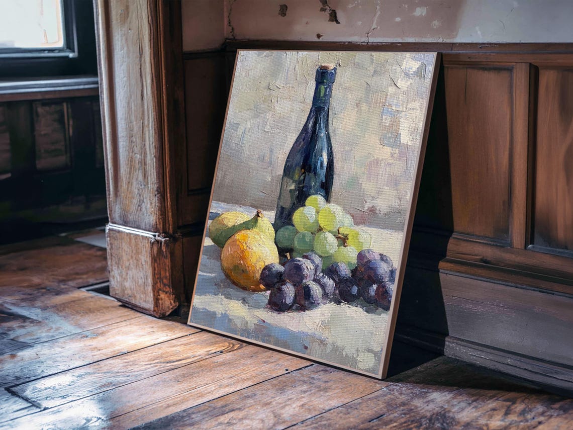 Wine Bottle Pears And Grapes Classic Still Life Oil Painting Poster - Image 3