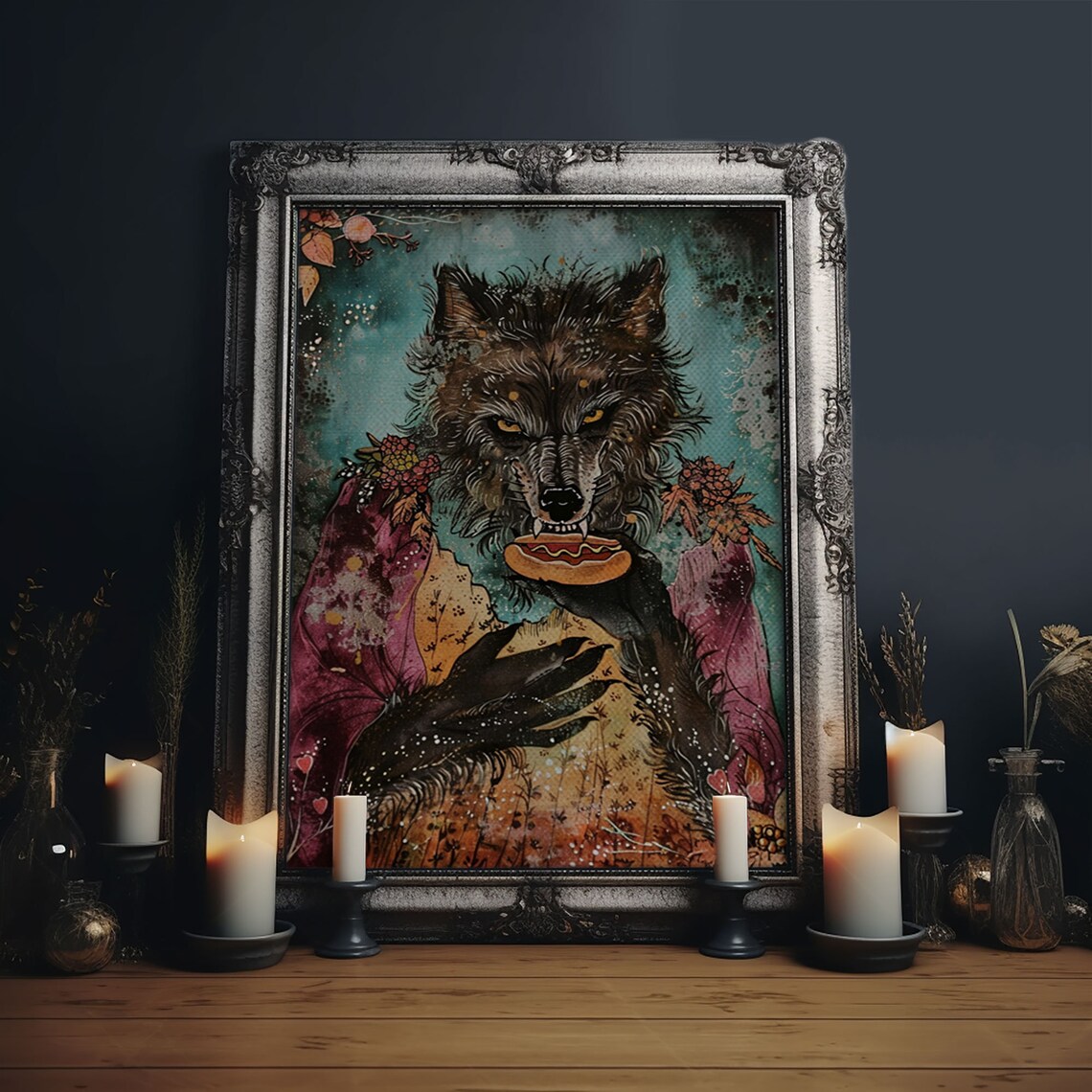Werewolf Holding Hotdog Floral Dress Funny Halloween Art Poster