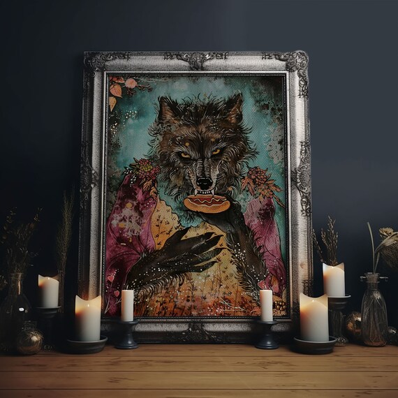 Werewolf Holding Hotdog Floral Dress Funny Halloween Art Poster