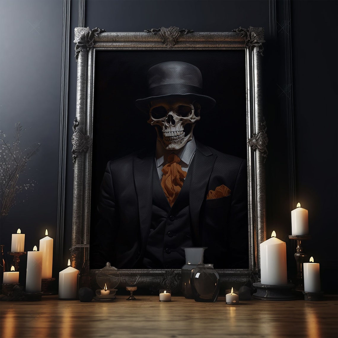 Spooky Skeleton Businessman Bowler Hat Tie Halloween Gothic Art Print - Image 4